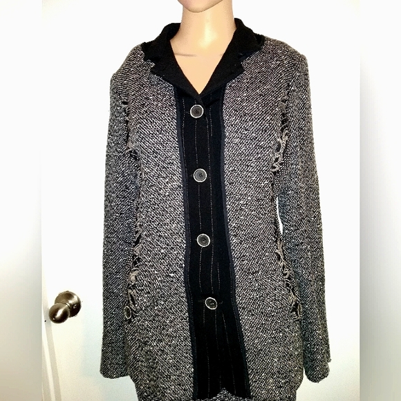 CANVASBACKS 10 TWEED BOUCLE PINSTRIPE BLACK WHITE WOOL BLEND JACKET - Picture 1 of 8